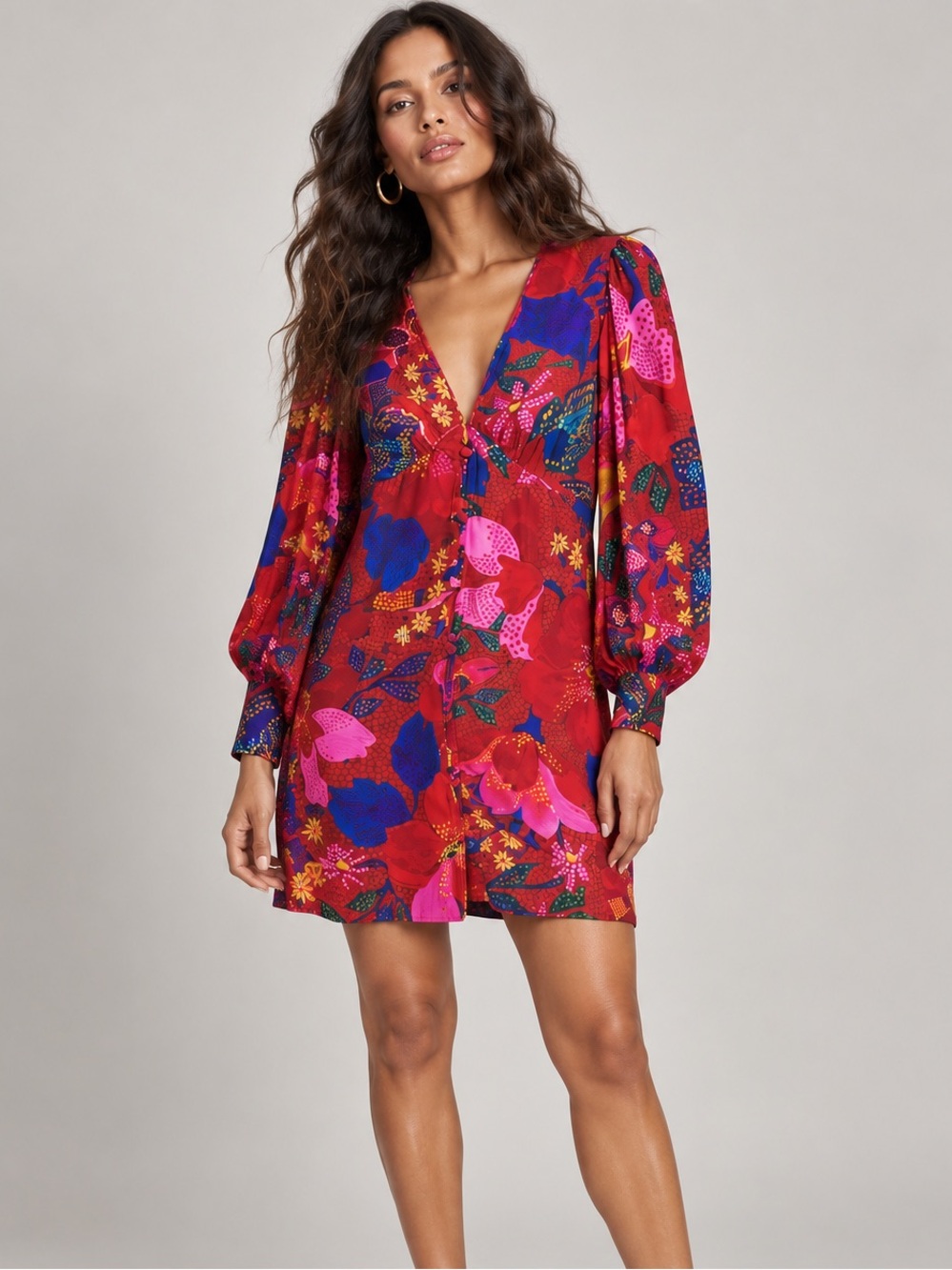 FARM Rio Red Wildlife Floral V-Neck Mini Dress with Pink & Blue Accents Sz M